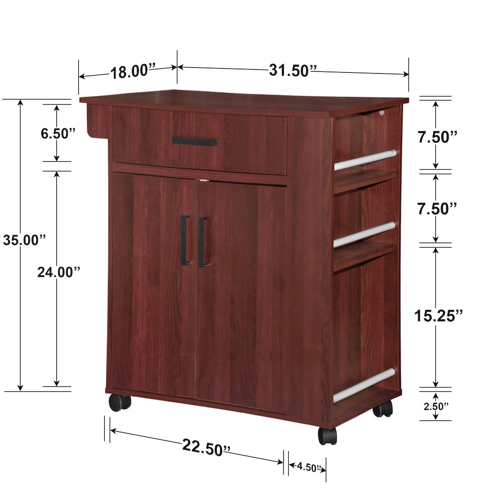 Better Home Products Shelby Rolling Kitchen Cart with Storage Cabinet - Mahogany. Picture 2