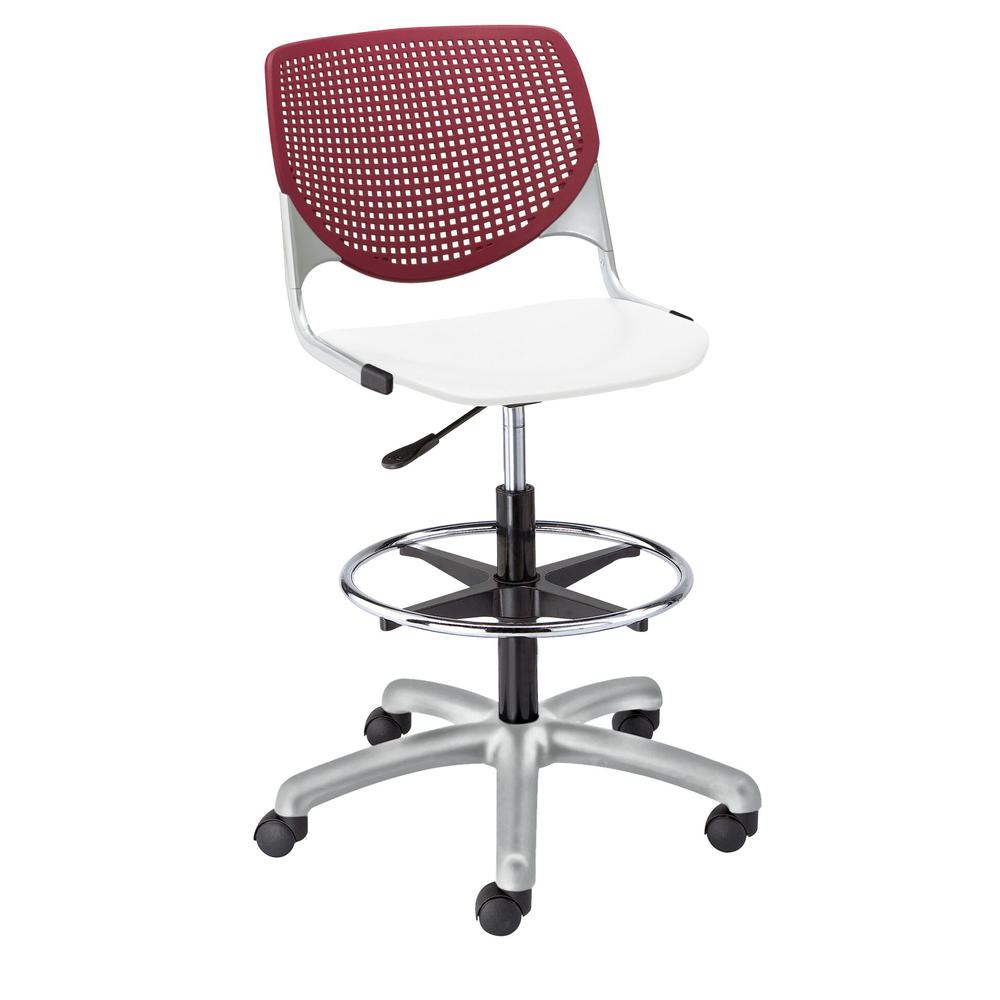 KOOL Poly Adjustable Drafting Stool, Burgundy Back, White Seat. Picture 1