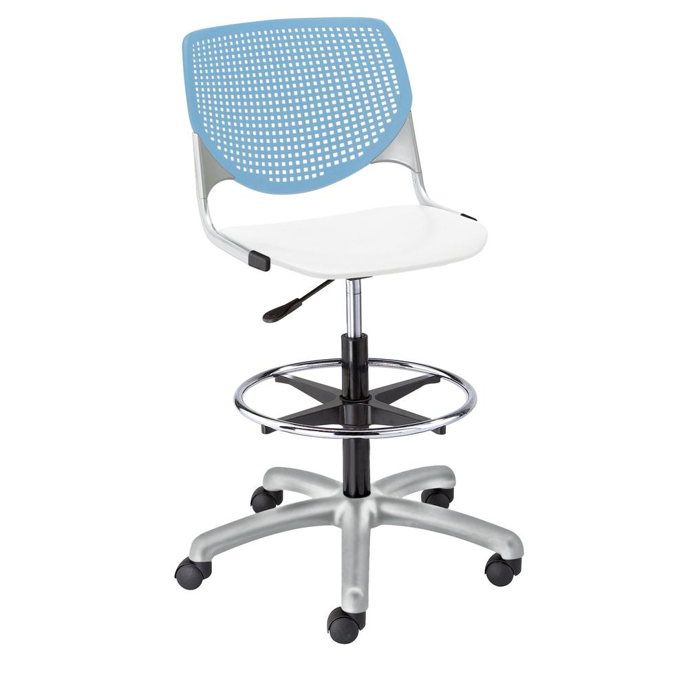 KOOL Poly Adjustable Drafting Stool, Sky Blue Back, White Seat. Picture 1