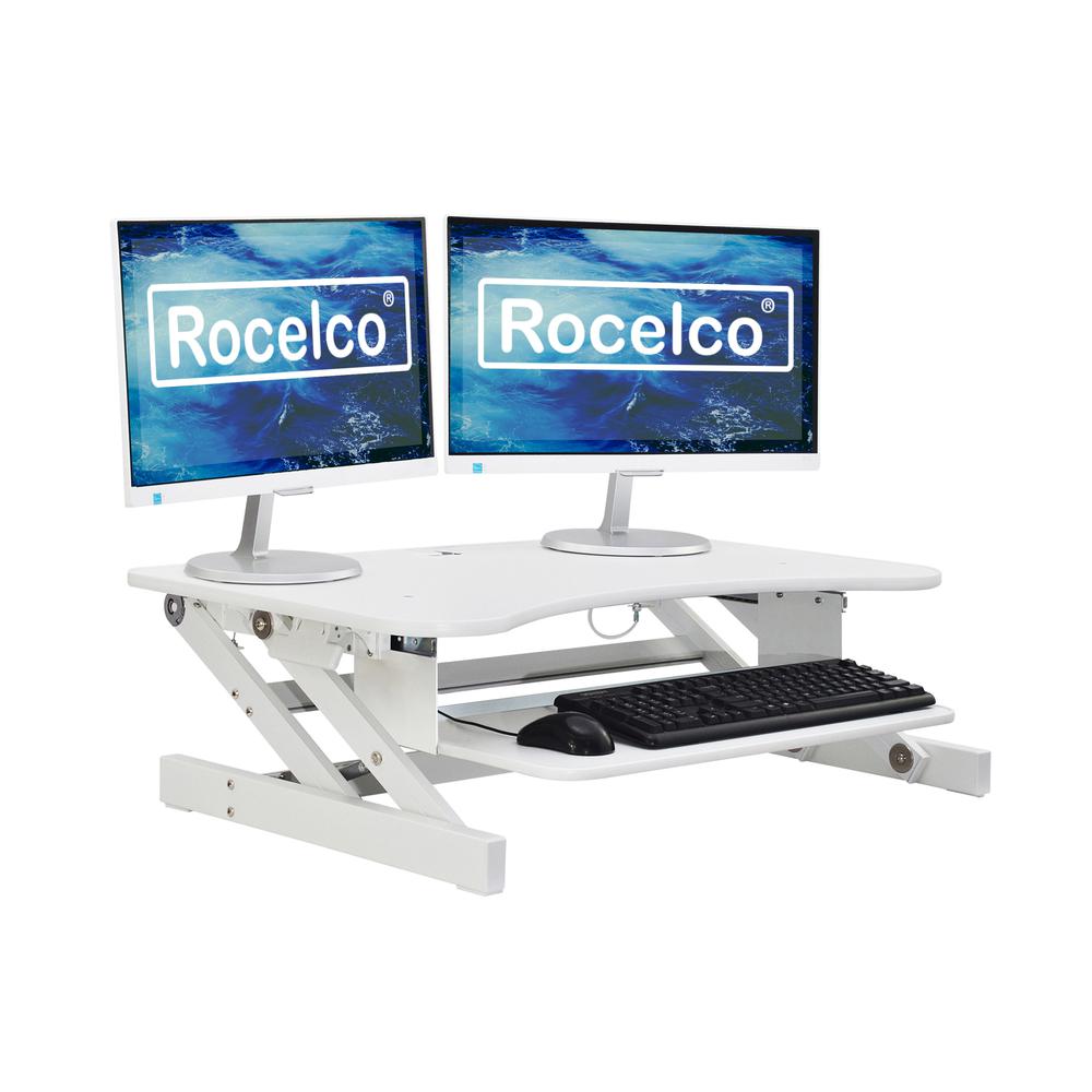 Rocelco 37.5" Deluxe Height Adjustable Standing Desk Converter - Quick Sit Stand Up Dual Monitor Riser - Gas Spring Assist Computer Workstation - Large Retractable Keyboard Tray - White (R DADRW). Picture 1