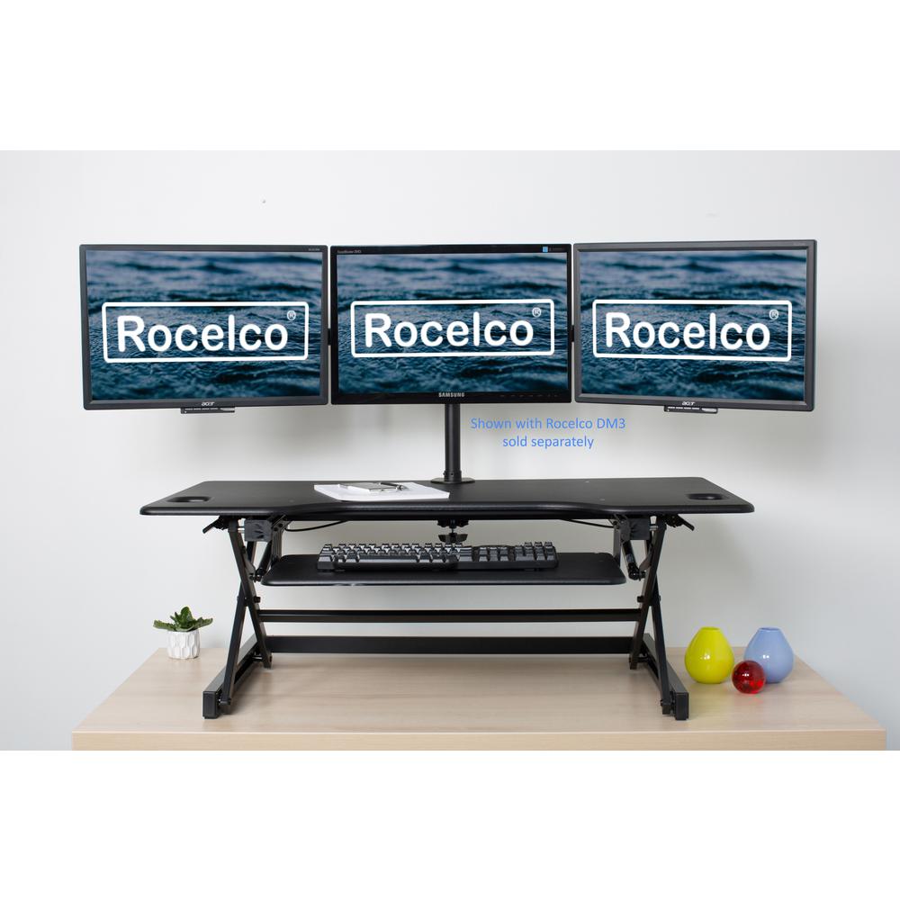 Rocelco 46" Large Height Adjustable Standing Desk Converter - Quick Sit Stand Up Triple Monitor Riser - Gas Spring Assist Computer Workstation - Retractable Keyboard Tray - Black (R DADRB-46). Picture 6