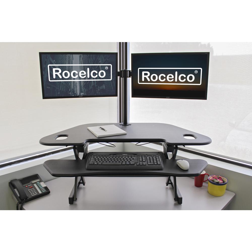 Rocelco 46" Height Adjustable Corner Standing Desk Converter with Dual Monitor Arm BUNDLE - Quick Sit Stand Up Computer Workstation Riser - Extra Large Keyboard Tray - Black (R CADRB-46-DM2). Picture 2