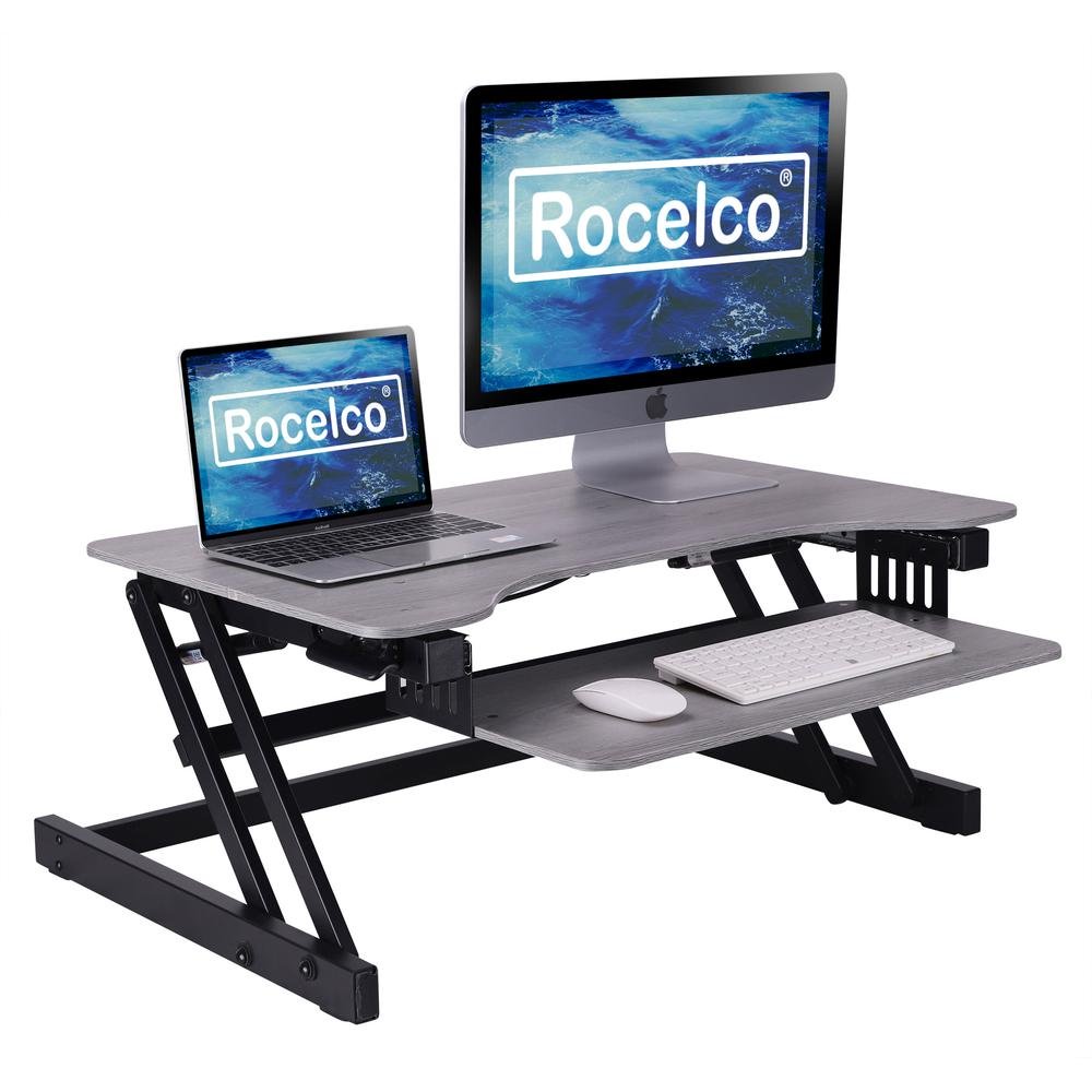 Rocelco 32" Height Adjustable Standing Desk Converter - Quick Sit Stand Up Dual Monitor Riser - Gas Spring Assist Tabletop Computer Workstation - Large Retractable Keyboard Tray - Gray (R ADRG). The main picture.