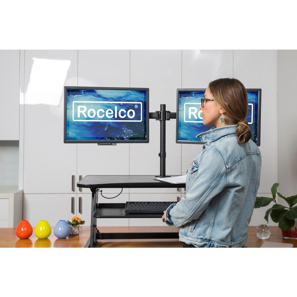 Rocelco 40" Large Height Adjustable Standing Desk Converter with Dual Monitor Mount BUNDLE - Quick Sit Stand Up Computer Workstation Riser - Retractable Keyboard Tray - Black (R DADRB-40-DM2). Picture 2