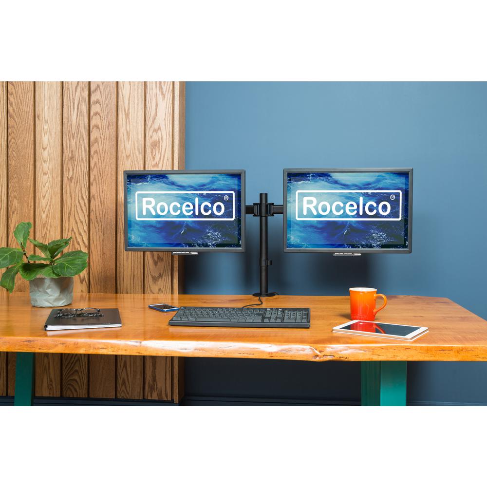 Rocelco Premium Desk Computer Monitor Mount - VESA pattern Fits 13" - 27" LED LCD Dual Flat Screen - Double Articulated Full Motion Adjustable Arm - Grommet and C Clamp - Black (R DM2). Picture 2