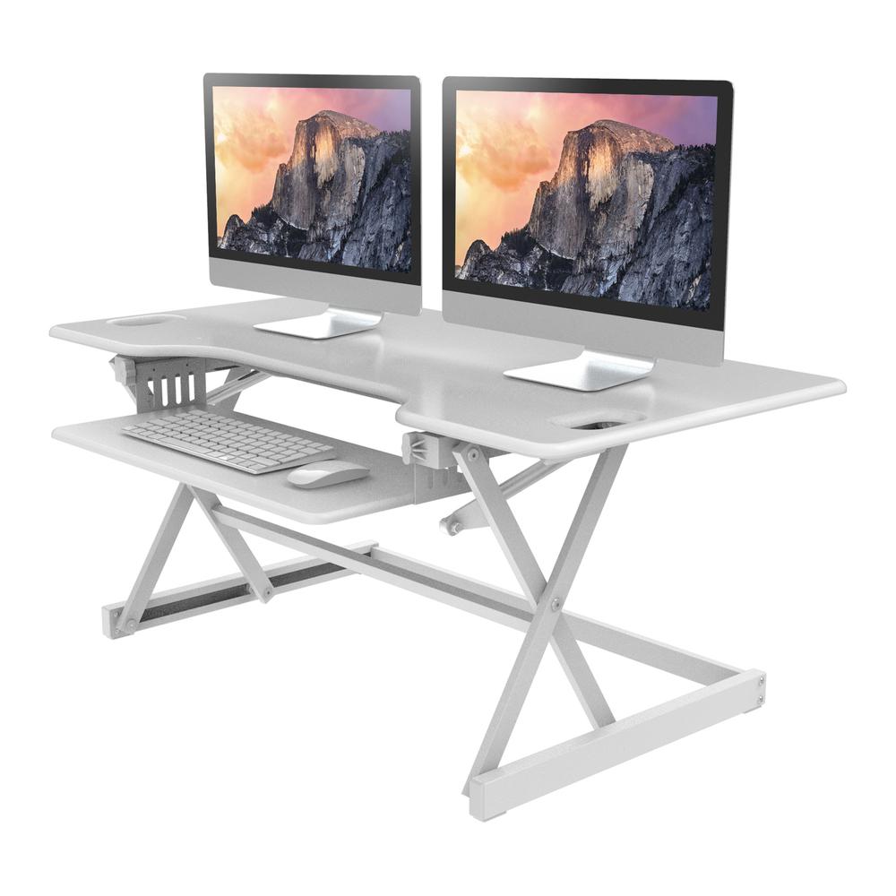 Rocelco 46" Large Height Adjustable Standing Desk Converter - Quick Sit Stand Up Triple Monitor Riser - Gas Spring Assist Computer Workstation - Retractable Keyboard Tray - White (R DADRW-46). Picture 4