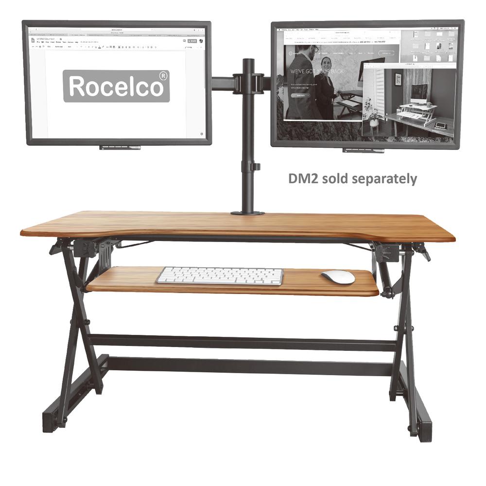 Rocelco 40" Large Height Adjustable Standing Desk Converter with Dual Monitor Mount - Teak Wood Grain. Picture 6