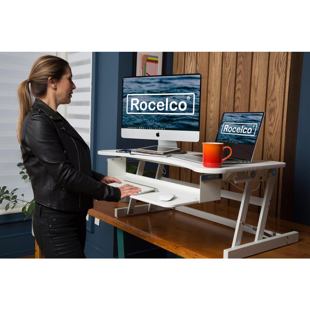 Rocelco 37.5" Deluxe Height Adjustable Standing Desk Converter - Quick Sit Stand Up Dual Monitor Riser - Gas Spring Assist Computer Workstation - Large Retractable Keyboard Tray - White (R DADRW). Picture 2