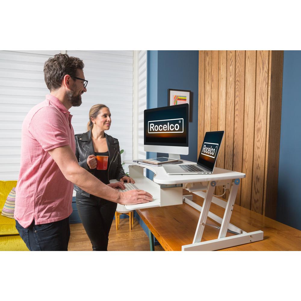 Rocelco 37.5" Deluxe Height Adjustable Standing Desk Converter with Anti Fatigue Mat BUNDLE - Quick Sit Stand Up Computer Workstation Riser - Large Retractable Keyboard Tray - White (R DADRW-MAFM). Picture 8