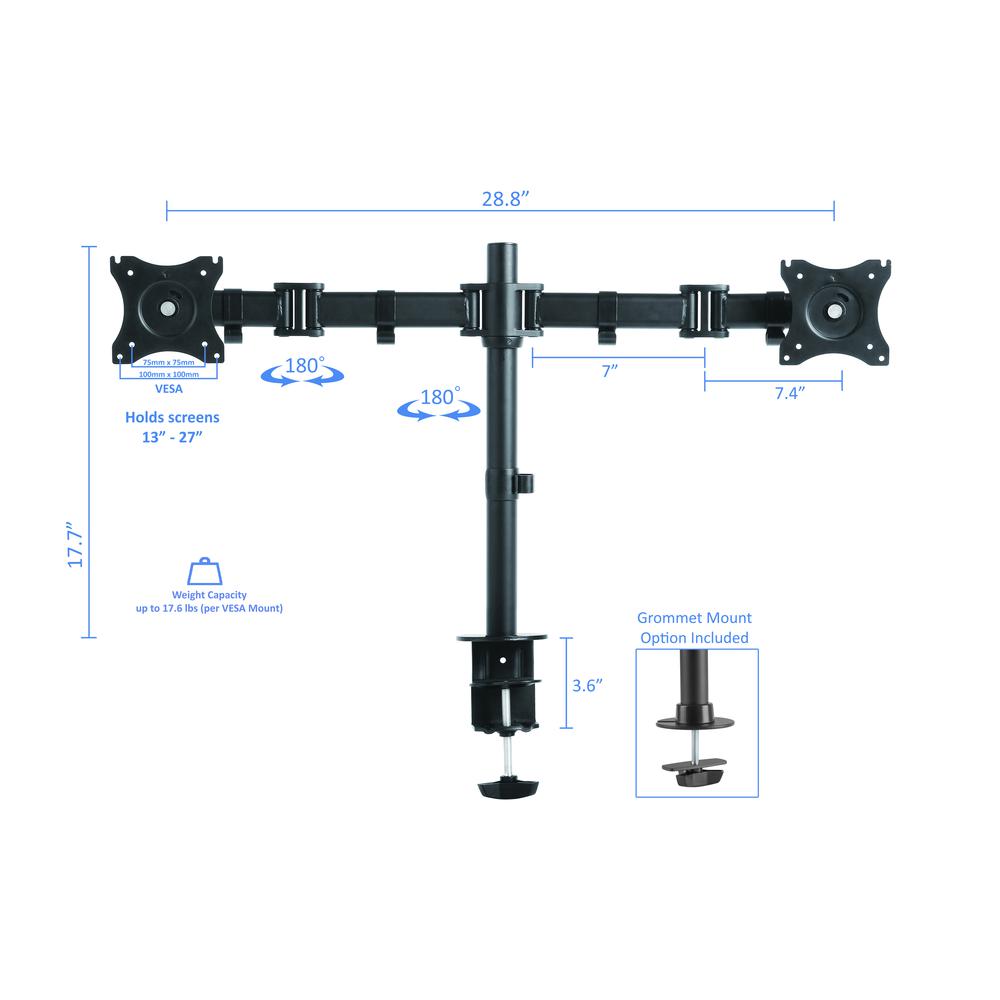 Rocelco Premium Desk Computer Monitor Mount - VESA pattern Fits 13" - 27" LED LCD Dual Flat Screen - Double Articulated Full Motion Adjustable Arm - Grommet and C Clamp - Black (R DM2). Picture 4