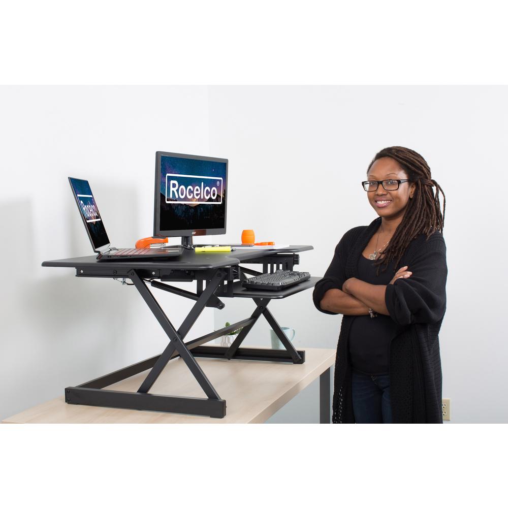 Rocelco 46" Large Height Adjustable Standing Desk Converter - Quick Sit Stand Up Triple Monitor Riser - Gas Spring Assist Computer Workstation - Retractable Keyboard Tray - Black (R DADRB-46). Picture 3