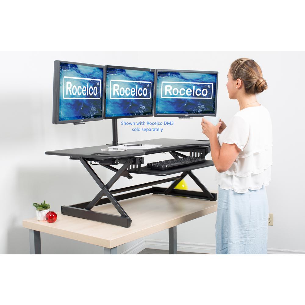 Rocelco 46" Large Height Adjustable Standing Desk Converter - Quick Sit Stand Up Triple Monitor Riser - Gas Spring Assist Computer Workstation - Retractable Keyboard Tray - Black (R DADRB-46). Picture 2