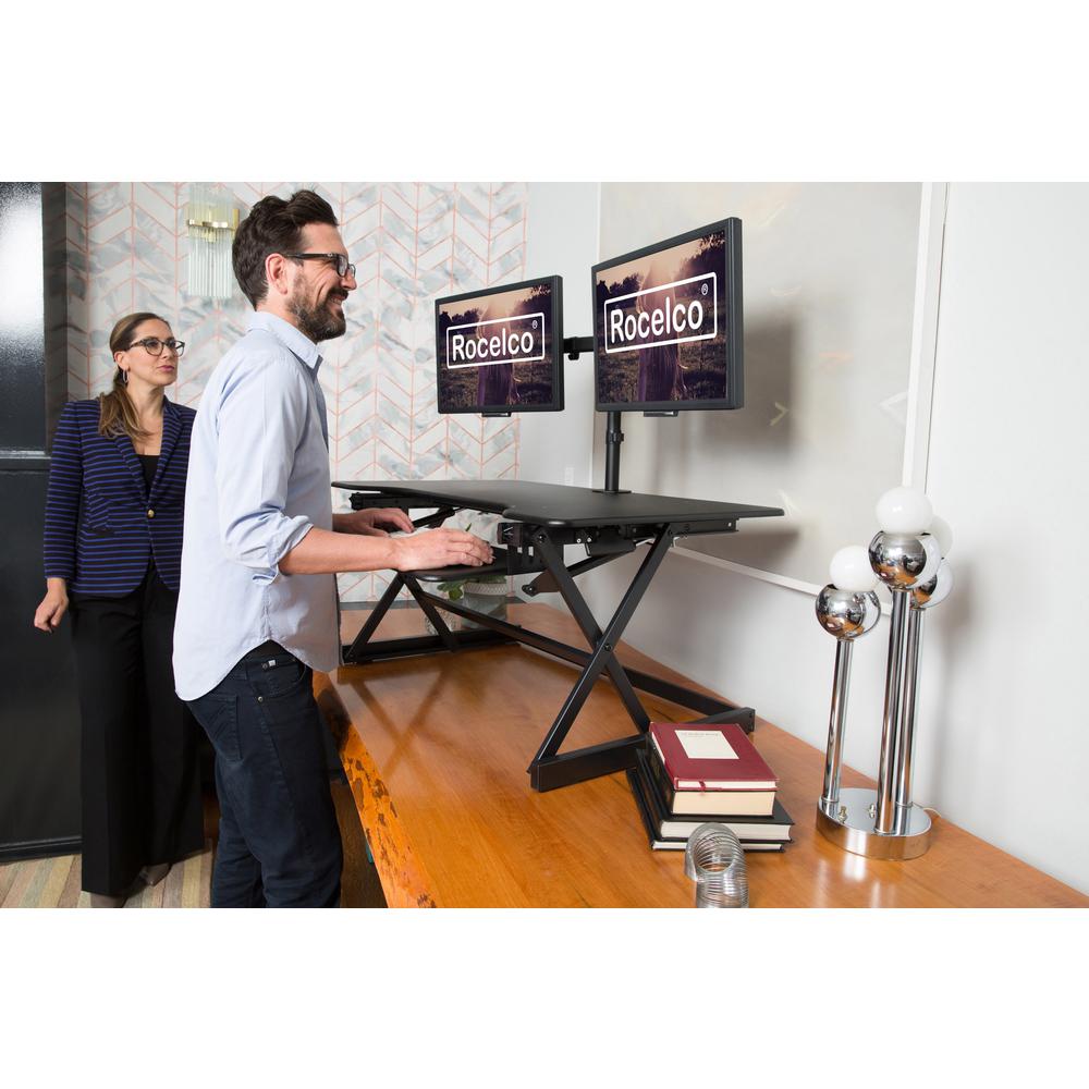 Rocelco 40" Large Height Adjustable Standing Desk Converter with Dual Monitor Mount BUNDLE - Quick Sit Stand Up Computer Workstation Riser - Retractable Keyboard Tray - Black (R DADRB-40-DM2). Picture 8