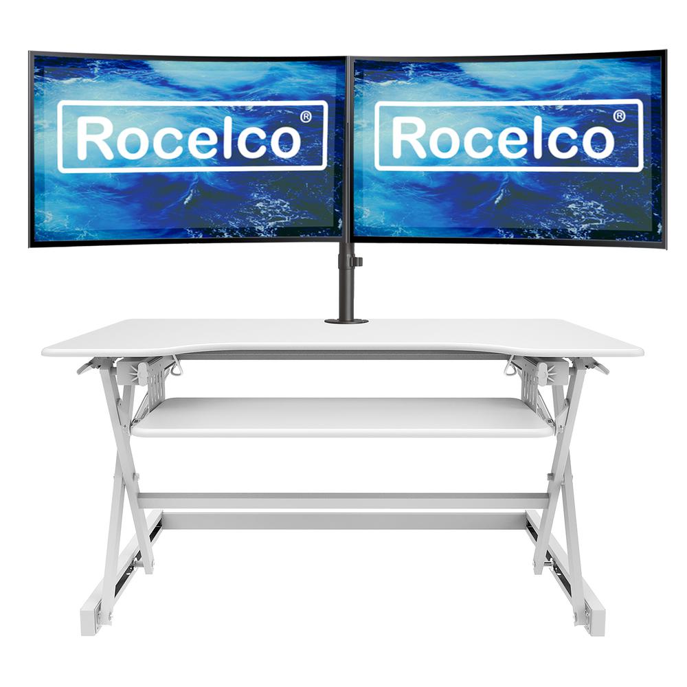 Rocelco 40" Large Height Adjustable Standing Desk Converter with Dual Monitor Mount BUNDLE - Quick Sit Stand Up Computer Workstation Riser - Retractable Keyboard Tray - White (R DADRW-40-DM2). Picture 2