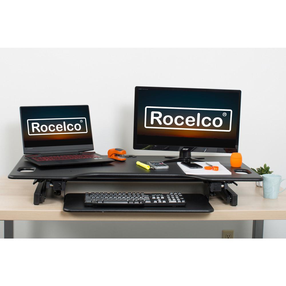 Rocelco 46" Large Height Adjustable Standing Desk Converter - Quick Sit Stand Up Triple Monitor Riser - Gas Spring Assist Computer Workstation - Retractable Keyboard Tray - Black (R DADRB-46). Picture 8