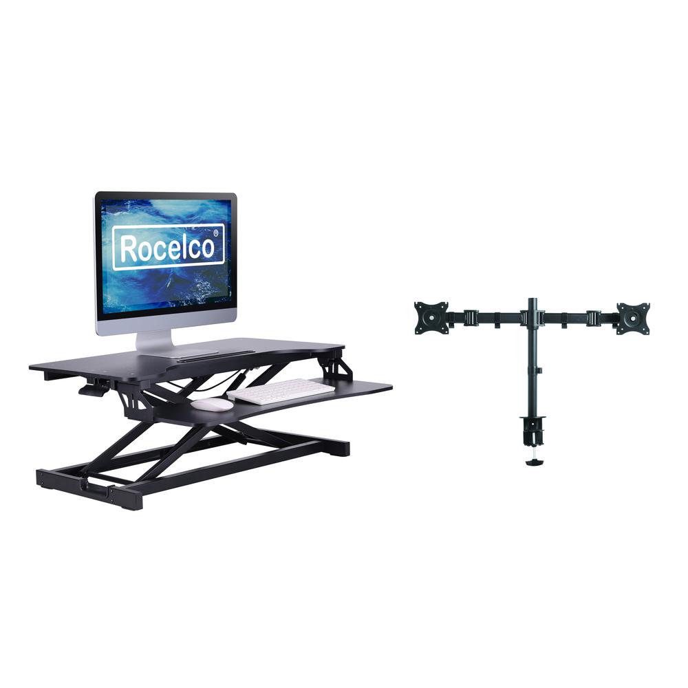 Rocelco Standing Desk Converter with Dual Monitor Mount - 31.5 Inch Sit Stand Up Tabletop Riser with Tablet Holder, Height Adjustable Workstation - Deep Keyboard Tray for Laptop - Black (R VADRB-DM2). Picture 1
