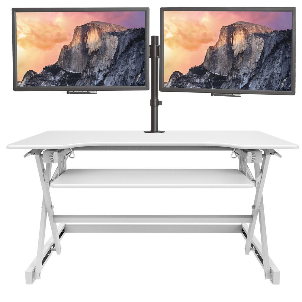 Rocelco 40" Large Height Adjustable Standing Desk Converter with Dual Monitor Mount BUNDLE - Quick Sit Stand Up Computer Workstation Riser - Retractable Keyboard Tray - White (R DADRW-40-DM2). Picture 7
