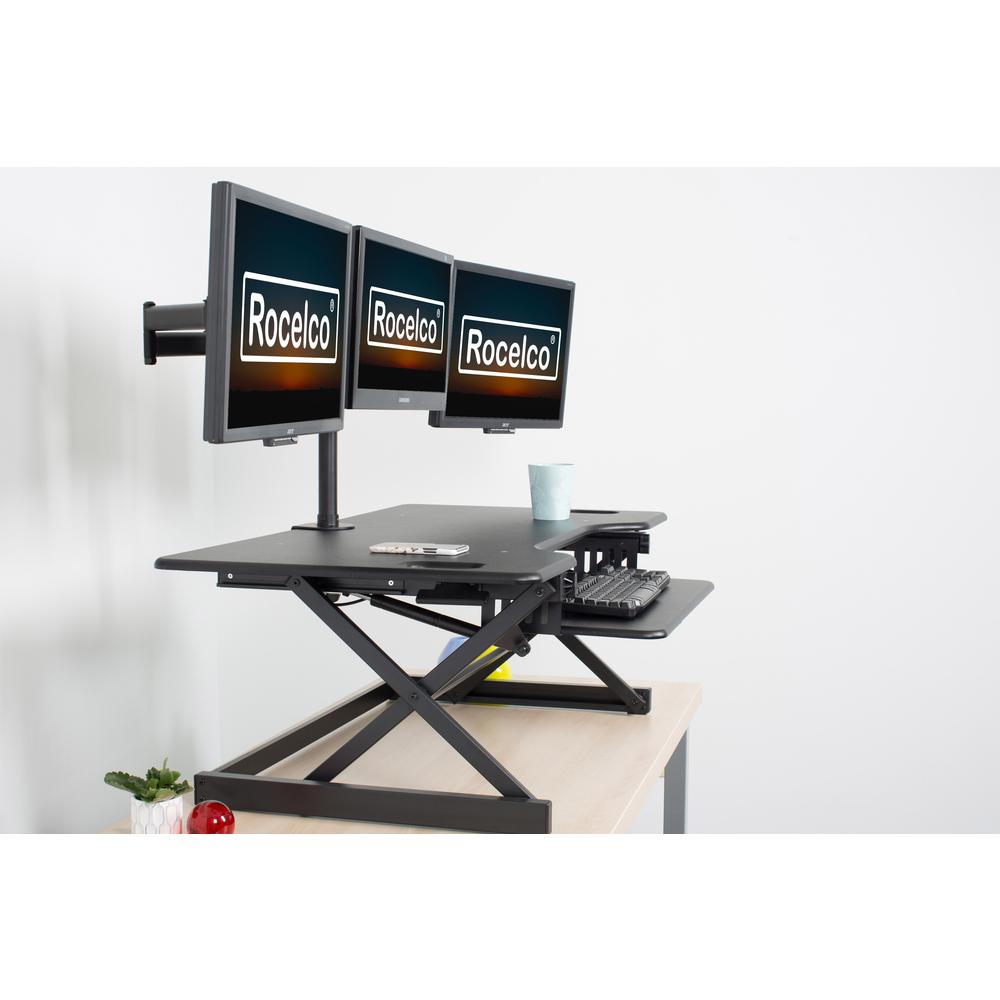 Rocelco 46" Large Height Adjustable Standing Desk Converter - Quick Sit Stand Up Triple Monitor Riser - Gas Spring Assist Computer Workstation - Retractable Keyboard Tray - Black (R DADRB-46). Picture 9