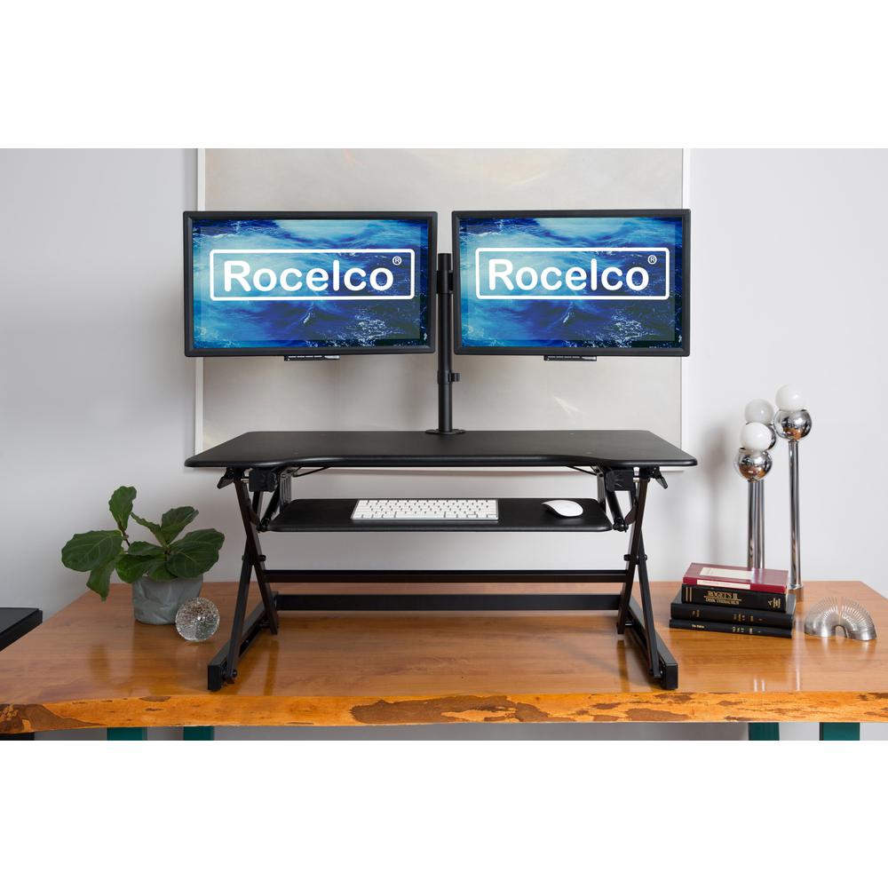 Rocelco 40" Large Height Adjustable Standing Desk Converter with Dual Monitor Mount BUNDLE - Quick Sit Stand Up Computer Workstation Riser - Retractable Keyboard Tray - Black (R DADRB-40-DM2). Picture 9