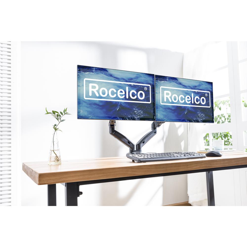 Rocelco Premium Double Monitor Desk Mount with USB 2.0 And Audio Port - Fits Dual 13" - 27" LED LCD Flat Screens - Pneumatic Full Motion Assist Adjustable Arm - Grommet and C Clamp - Black (R MA2). Picture 2