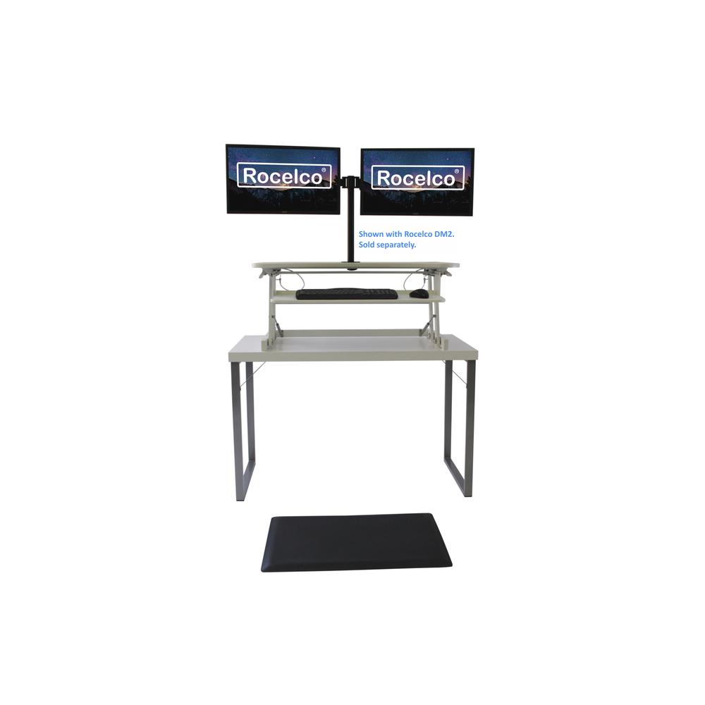 Rocelco 37.5" Deluxe Height Adjustable Standing Desk Converter with Anti Fatigue Mat BUNDLE - Quick Sit Stand Up Computer Workstation Riser - Large Retractable Keyboard Tray - White (R DADRW-MAFM). Picture 2