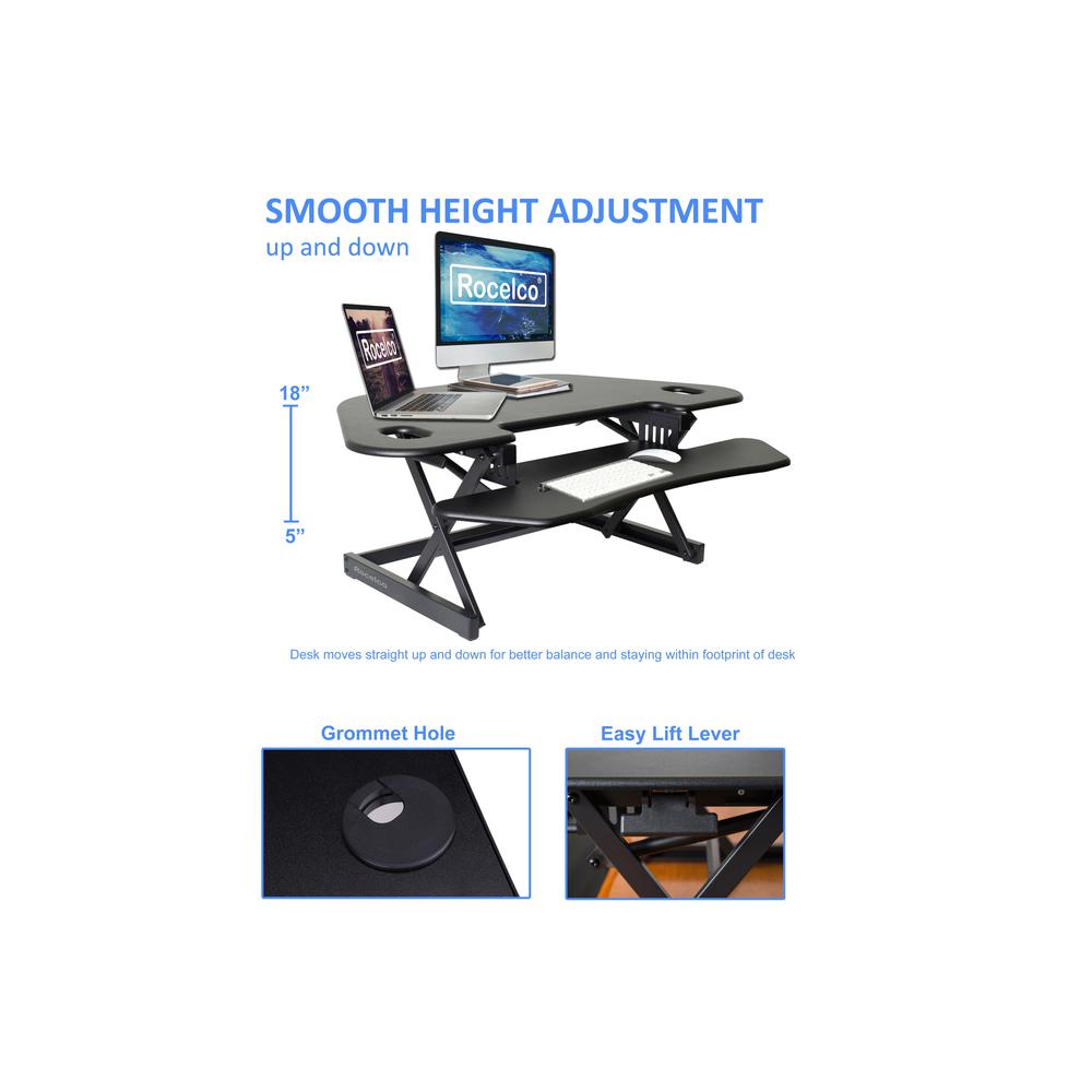 Rocelco 46" Height Adjustable Corner Standing Desk Converter with Dual Monitor Arm BUNDLE - Quick Sit Stand Up Computer Workstation Riser - Extra Large Keyboard Tray - Black (R CADRB-46-DM2). Picture 4