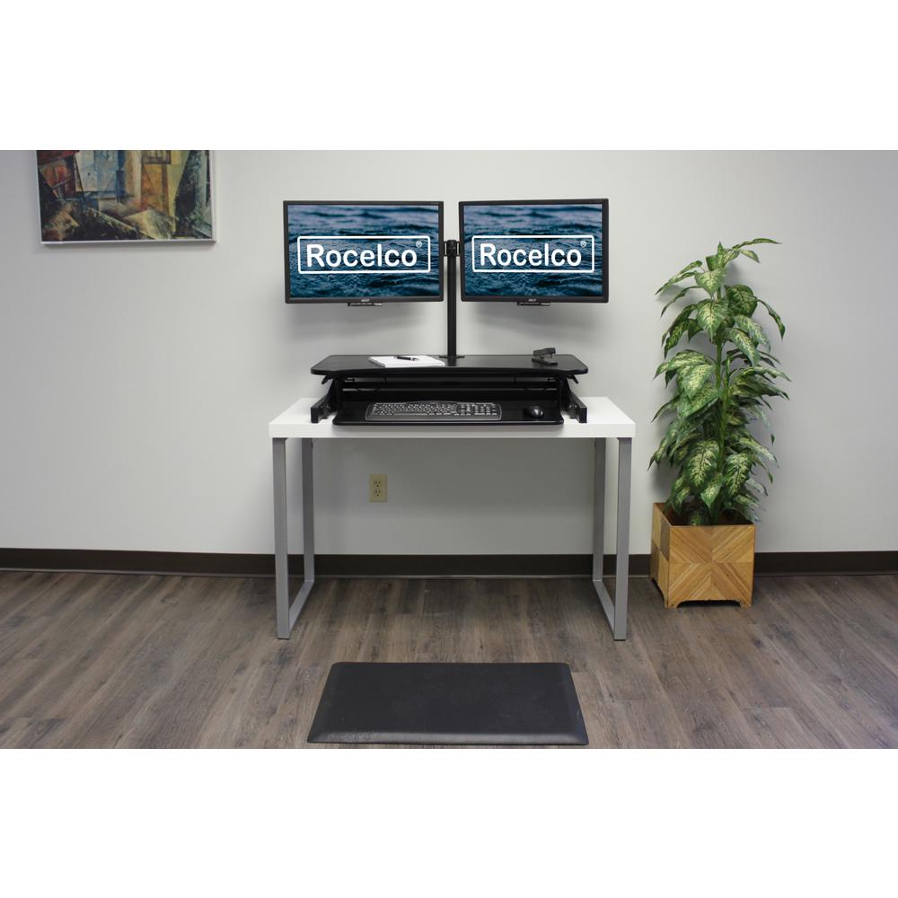 Rocelco 37.5" Deluxe Height Adjustable Standing Desk Converter with Dual Monitor Mount and Anti Fatigue Mat BUNDLE - Sit Stand Up Computer Workstation Riser - Keyboard Tray - Black (R DADRB-DM2-MAF). Picture 2