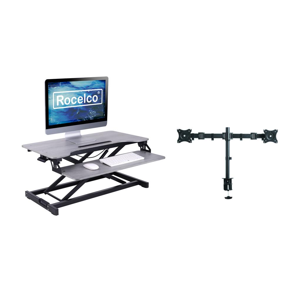 Rocelco Standing Desk Converter with Dual Monitor Mount - 31.5 Inch Sit Stand Up Tabletop Riser with Tablet Holder, Height Adjustable Workstation - Deep Keyboard Tray for Laptop - Gray (R VADRG-DM2). Picture 1