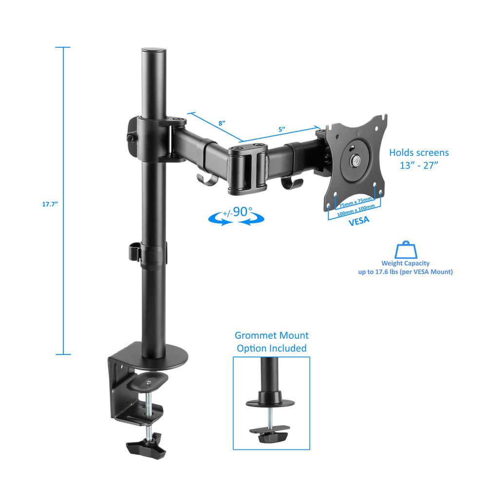 Rocelco Premium Desk Computer Monitor Mount - VESA pattern Fits 13" - 32" LED LCD Single Flat Screen - Double Articulated Full Motion Adjustable Arm - Grommet and C Clamp - Black (R DM1). Picture 4