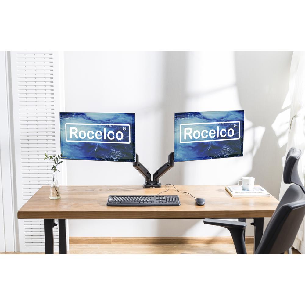 Rocelco Premium Double Monitor Desk Mount with USB 2.0 And Audio Port - Fits Dual 13" - 27" LED LCD Flat Screens - Pneumatic Full Motion Assist Adjustable Arm - Grommet and C Clamp - Black (R MA2). Picture 3