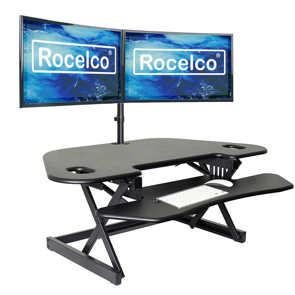 Rocelco 46" Height Adjustable Corner Standing Desk Converter with Dual Monitor Arm BUNDLE - Quick Sit Stand Up Computer Workstation Riser - Extra Large Keyboard Tray - Black (R CADRB-46-DM2). Picture 3