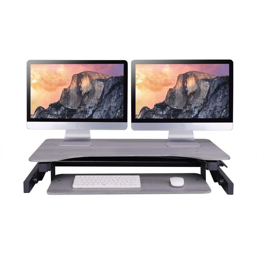 Rocelco 37.5" Deluxe Height Adjustable Standing Desk Converter with Dual Monitor Mount BUNDLE - Quick Sit Stand Up Computer Workstation Riser - Large Retractable Keyboard Tray - Gray (R DADRG-DM2). Picture 6