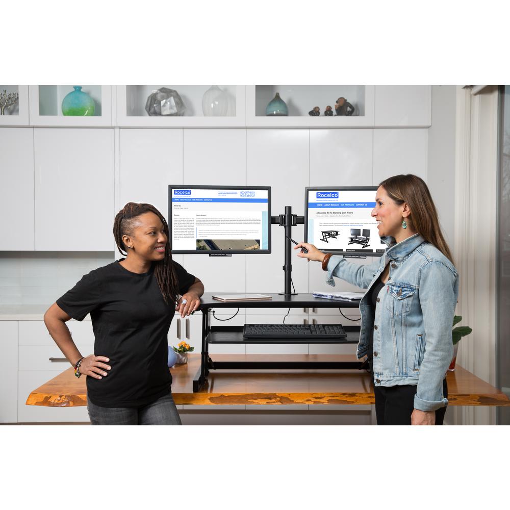 Rocelco 40" Large Height Adjustable Standing Desk Converter with Dual Monitor Mount BUNDLE - Quick Sit Stand Up Computer Workstation Riser - Retractable Keyboard Tray - Black (R DADRB-40-DM2). Picture 3