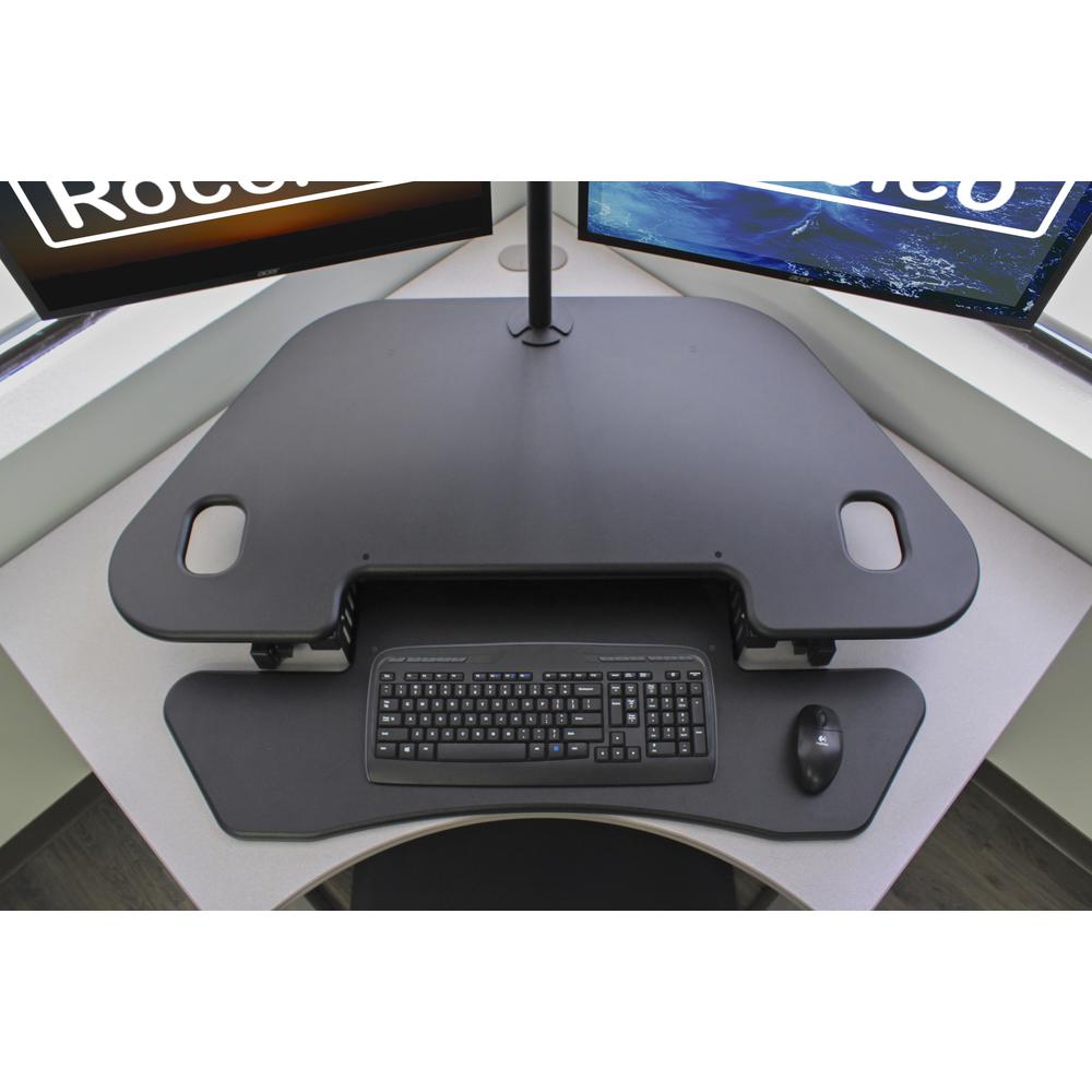 Rocelco 46" Height Adjustable Corner Standing Desk Converter with Dual Monitor Arm BUNDLE - Quick Sit Stand Up Computer Workstation Riser - Extra Large Keyboard Tray - Black (R CADRB-46-DM2). Picture 8