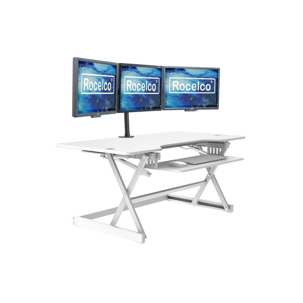 Rocelco 46" Large Height Adjustable Standing Desk Converter with Triple Monitor Mount BUNDLE - Quick Sit Stand Up Computer Workstation Riser - Retractable Keyboard Tray - White (R DADRW-46-DM3). Picture 2