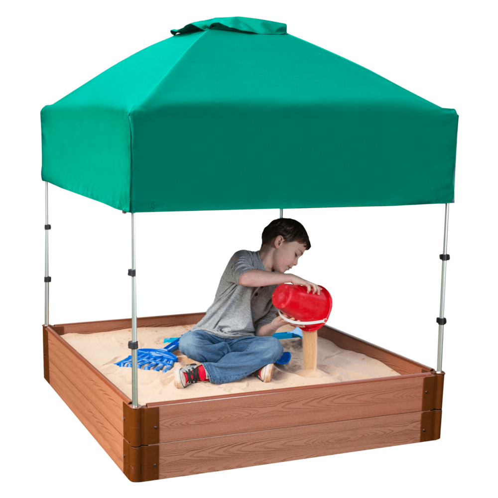 Tool-Free Classic Sienna 4ft. x 4ft. x 11in. Composite Square Sandbox Kit with Telescoping Canopy/Cover - 1" profile. Picture 5