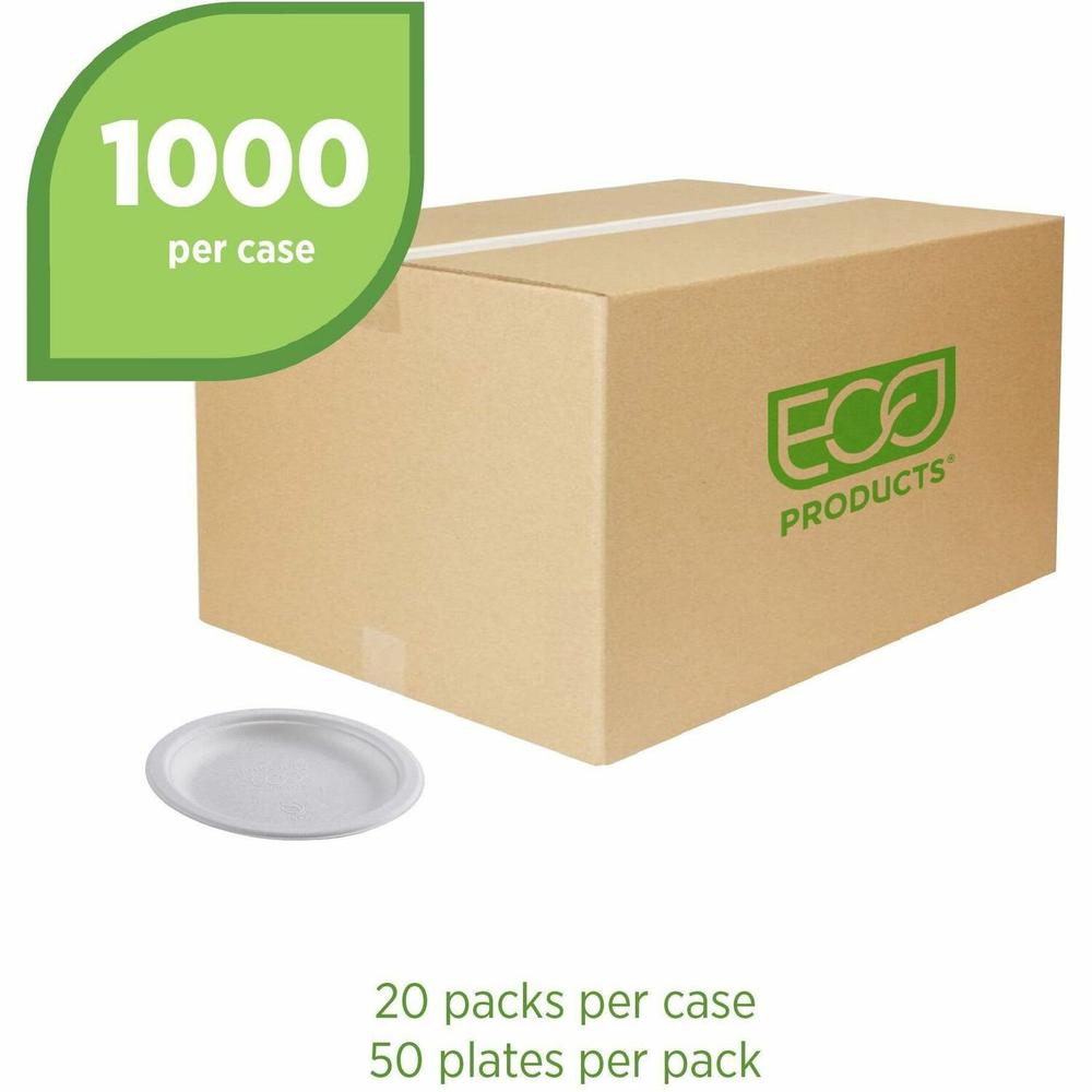 Eco-Products Vanguard 6" Sugarcane Plates - Breakroom - Disposable - Microwave Safe - 6" Diameter - White - Sugarcane Fiber Body - 1000 / Carton. Picture 1