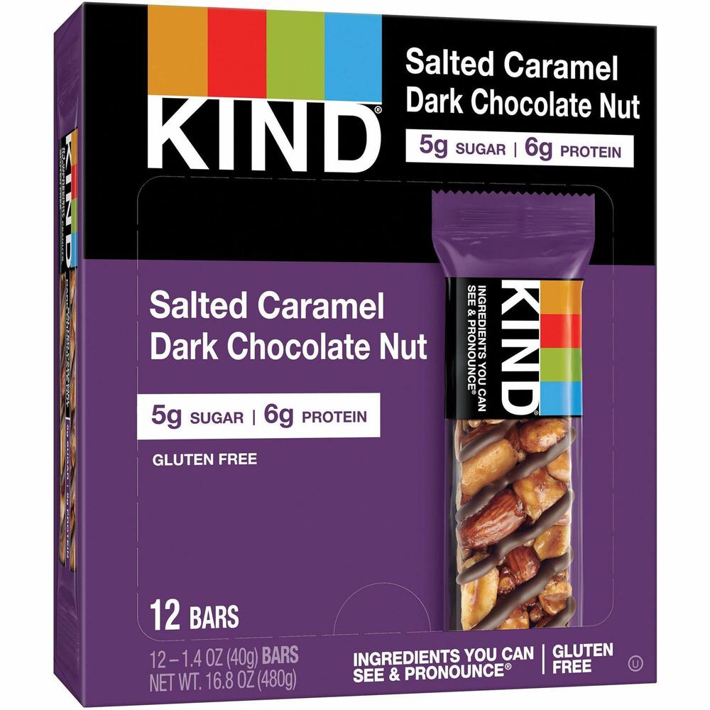 KIND Nuts and Spices Bars - Gluten-free, Trans Fat Free, Sulfur dioxide-free, Low Sodium, No Artificial Flavor, Low Glycemic - Salted Caramel & Dark Chocolate Nut - 1.40 oz - 12 / Box. The main picture.