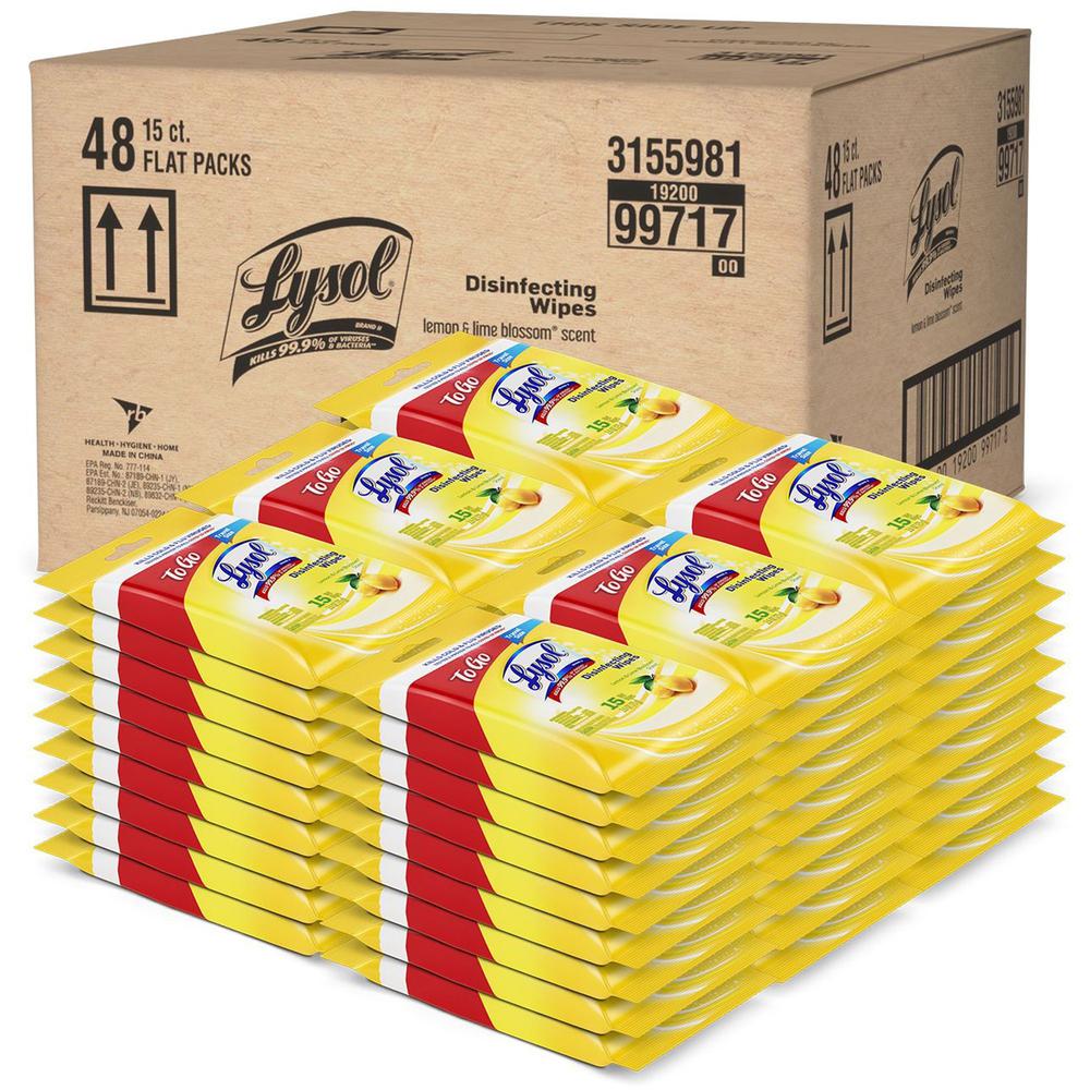 Lysol To Go Disinfecting Wipes in Flatpacks - Wipe - Lemon, Lime Blossom Scent - 15 / Pack - 48 / Carton - White. Picture 1
