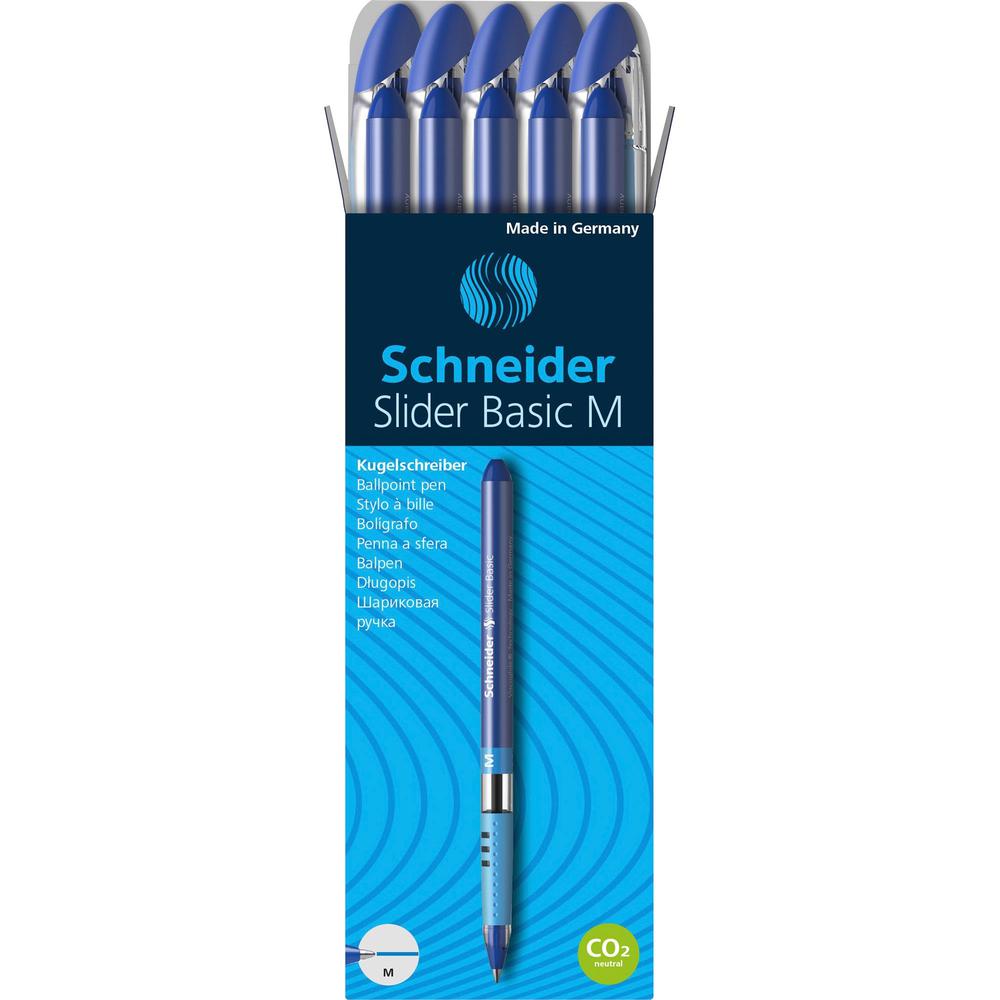 Schneider Slider Basic Medium Ballpoint Pen - Medium Pen Point - 1 mm Pen Point Size - Blue - Transparent Rubberized, Blue Barrel - Stainless Steel Tip - 10 / Pack. Picture 1