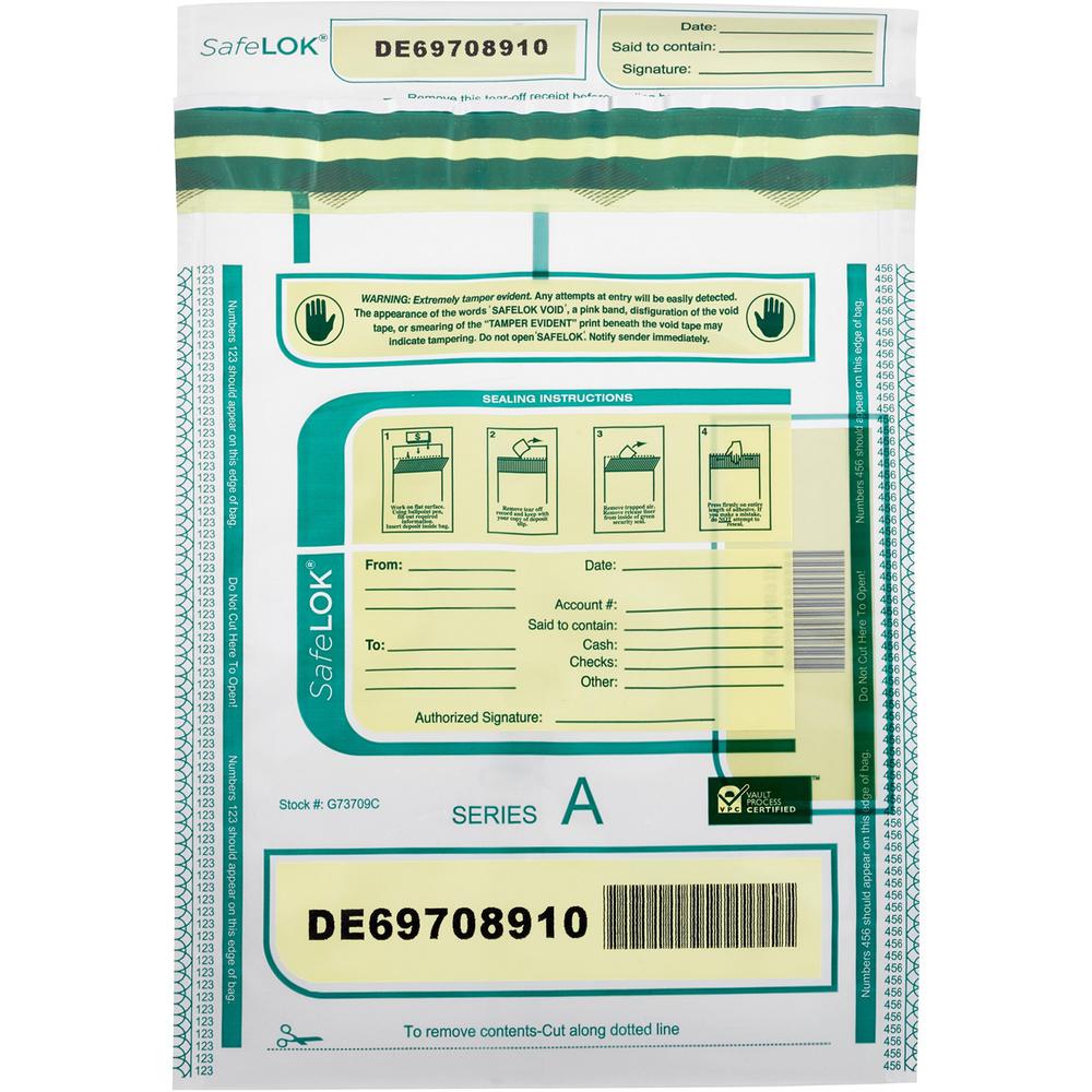 ControlTek SafeLOK Tamper-Evident Deposit Bags - 9" Width x 12" Length - Seal Closure - Clear - 100/Pack - Deposit, Cash, Note, Bill. Picture 1