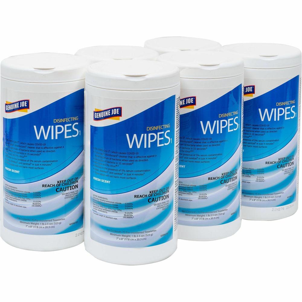Genuine Joe Disinfecting Wipes - Ready-To-Use Towel - Fresh Citrus Scent - 7" Width x 8" Length - 75 / Tub - 6 / Carton - White. The main picture.