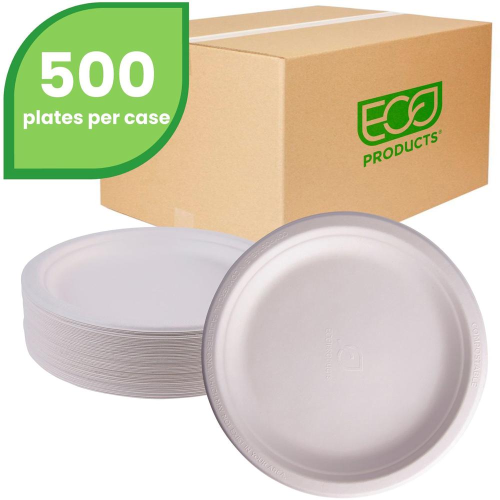 Eco-Products Vanguard 9" Sugarcane Plates - Breakroom - Disposable - Microwave Safe - 9" Diameter - White - Sugarcane Fiber Body - 500 / Carton. Picture 1