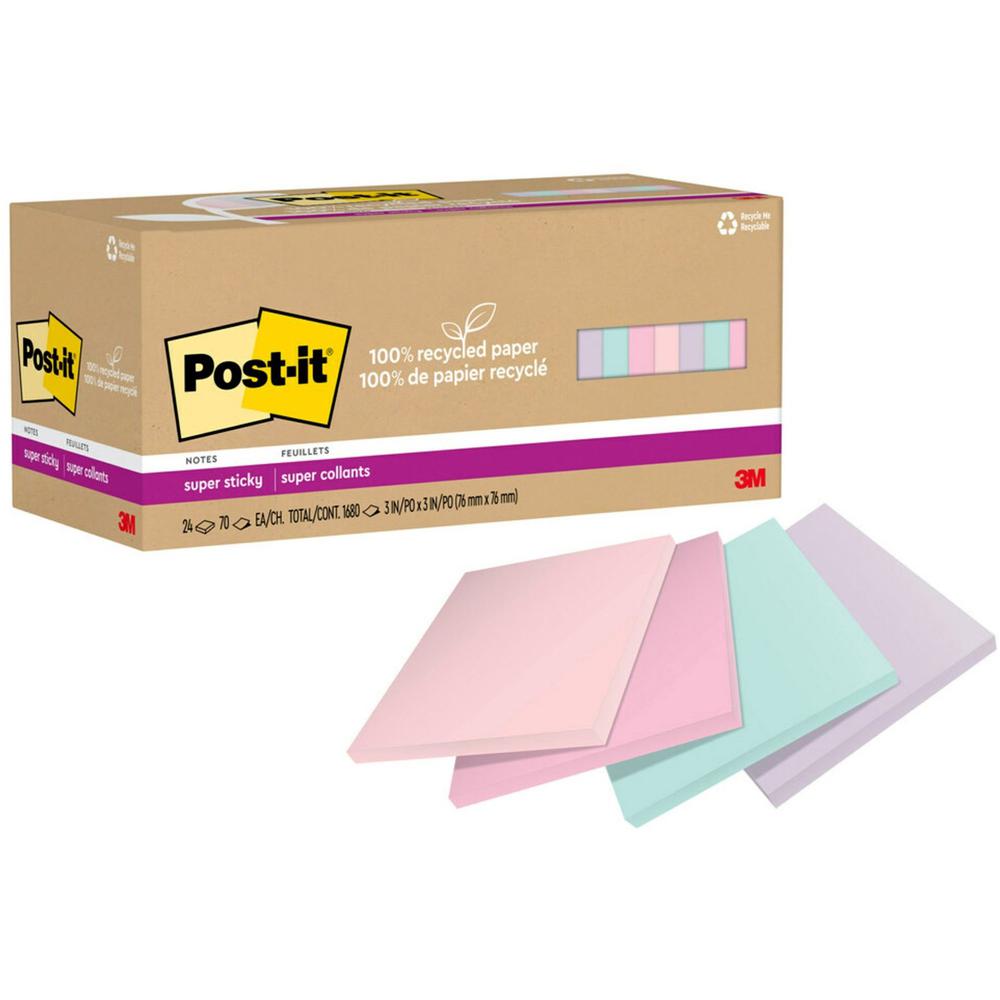 Post-it&reg; Recycled Super Sticky Notes - 70 - 3" x 3" - Square - 70 Sheets per Pad - Wanderlust Pastels - Adhesive - 24 / Pack - Recycled. Picture 1