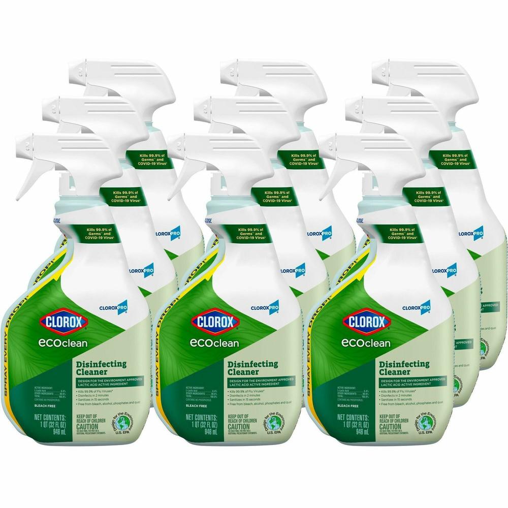 CloroxPro&trade; EcoClean Disinfecting Cleaner Spray - Ready-To-Use - 32 fl oz (1 quart) - Fresh Scent - 9 / Carton - Disinfectant, Bleach-free, Alcohol-free, Phosphate-free, Odor Resistant - Green, W. Picture 1