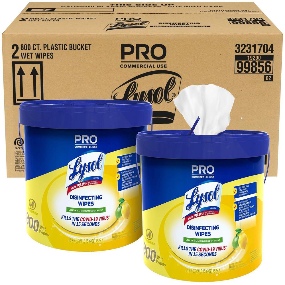 Lysol Disinfecting Wipe Bucket w/Wipes - Lemon & Lime Blossom Scent - 2 / Carton - Disinfectant, Pre-moistened - White. Picture 1