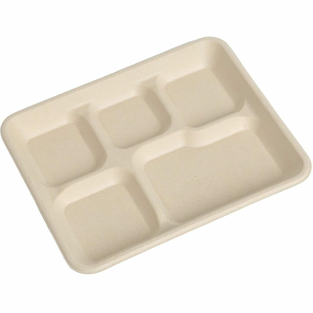 BluTable 8"x10" 5-Compartment Lunch Trays - Food - Natural - Molded Fiber, Sugarcane Fiber Body - 500 / Carton. Picture 1