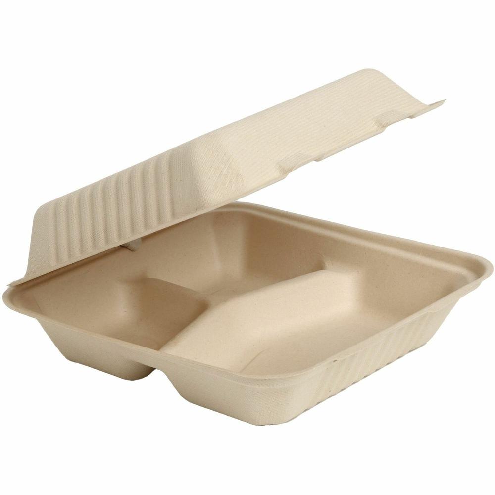BluTable 39 oz 3-Compartment Portable Clamshell Containers - Food - Natural - Molded Fiber, Sugarcane Fiber Body - 200 / Carton. Picture 1