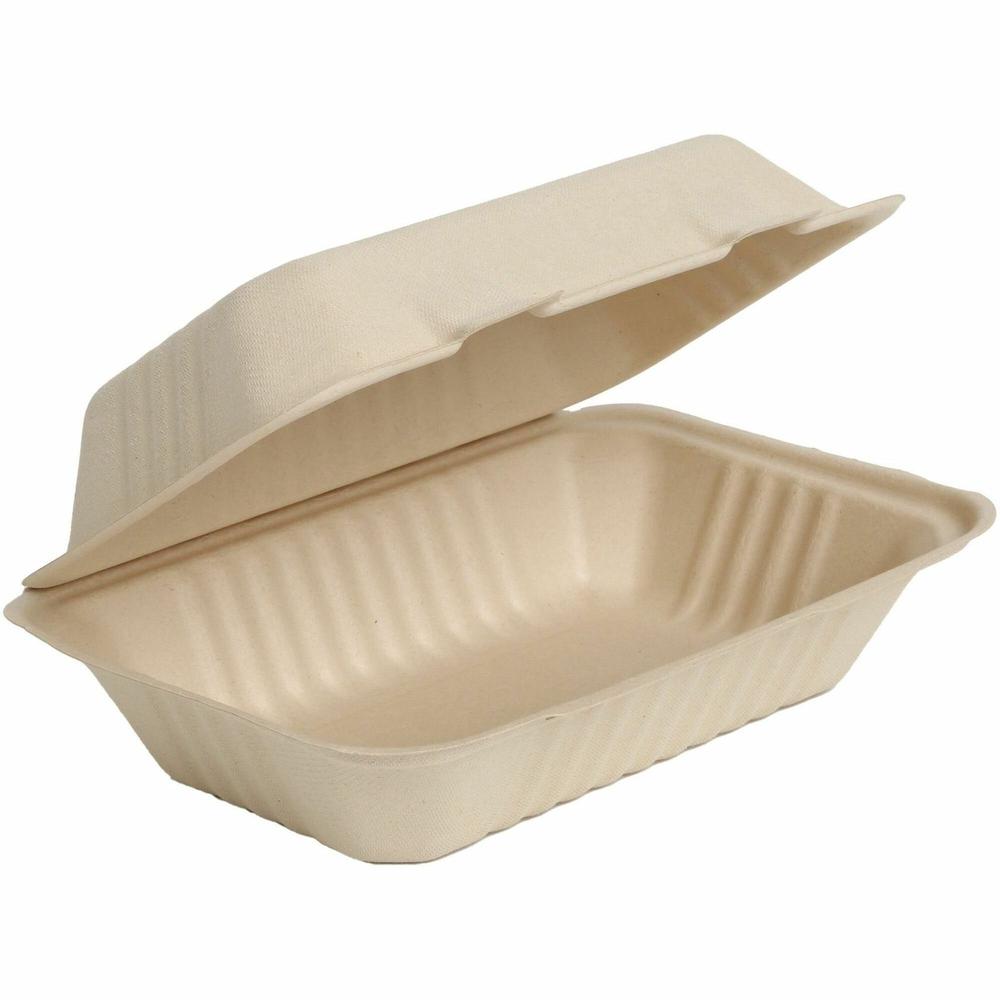 BluTable 27 oz Portable Clamshell Containers - Food - Natural - Molded Fiber, Sugarcane Fiber Body - 250 / Carton. Picture 1
