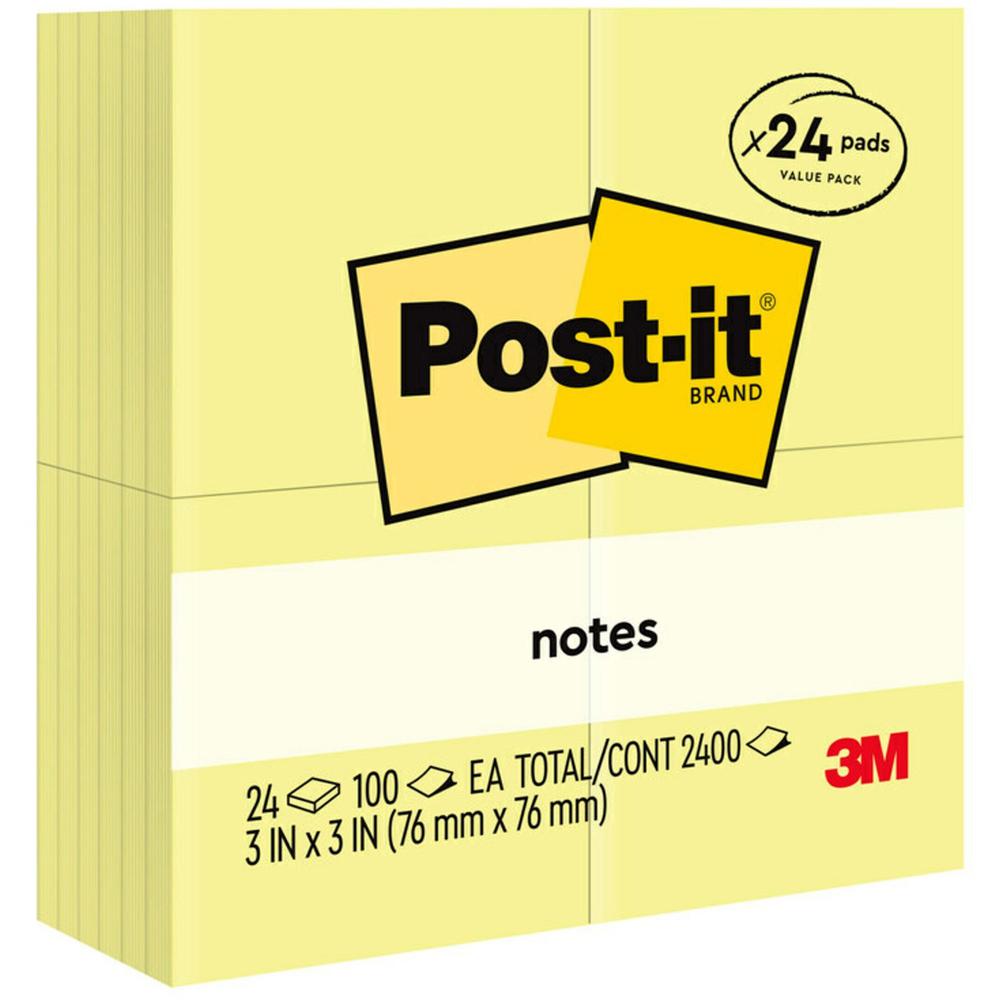 Post-it&reg; Notes Value Pack - 100 - 3" x 3" - Square - Unruled - Canary - Self-adhesive - 5 / Pack. Picture 1
